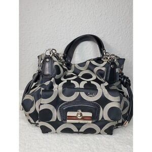 Coach Madison Op Art Sateen Sophia Satchel Black Silver Handbag 14783
